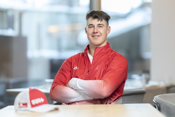 Franjo Von Allmen of Switzerland poses for a portrait after a press conference of the Swiss Ski alpine skiing speed team prior to the 2026 Olympic Winter Games in Bormio, Italy, on Thursday, February  ...