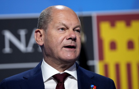 German Chancellor Olaf Scholz speaks during a media conference at a NATO summit in Madrid, Spain on Thursday, June 30, 2022. North Atlantic Treaty Organization heads of state met for the final day of  ...