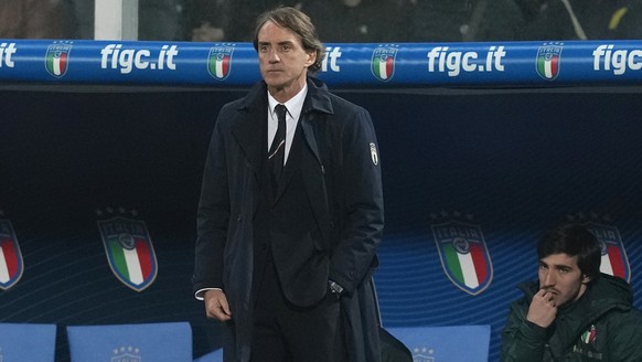 Italy&#039;s manager Roberto Mancini stands on the bench during the World Cup qualifying play-off soccer match between Italy and North Macedonia, at Renzo Barbera stadium, in Palermo, Italy, Thursday, ...