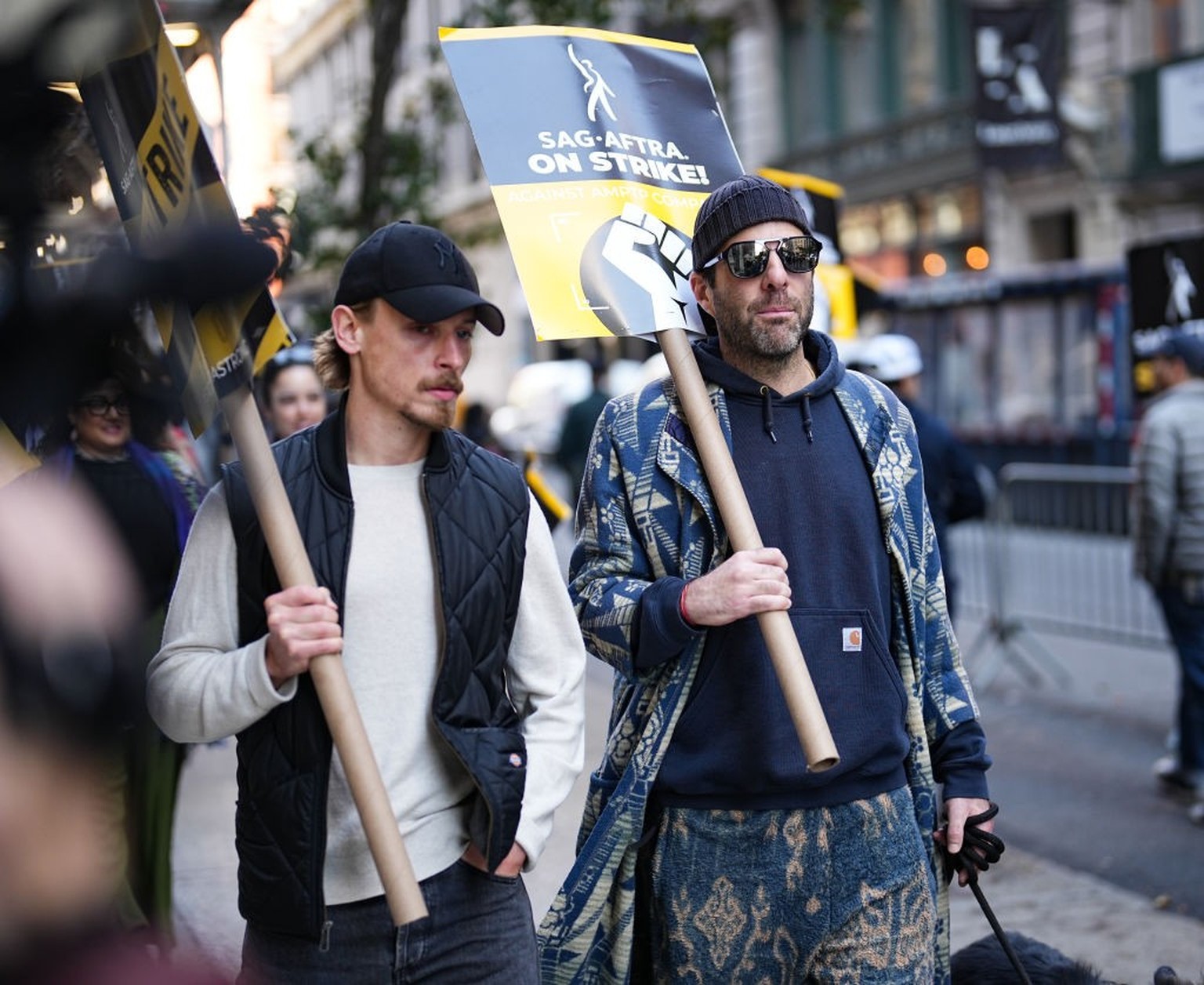 NEW YORK, NEW YORK - NOVEMBER 6: Zachary Quinto joins SAG-AFTRA members on strike on November 6, 2023 in New York City. The strike, which began on July 14, entered its 100th day on October 21st as the ...