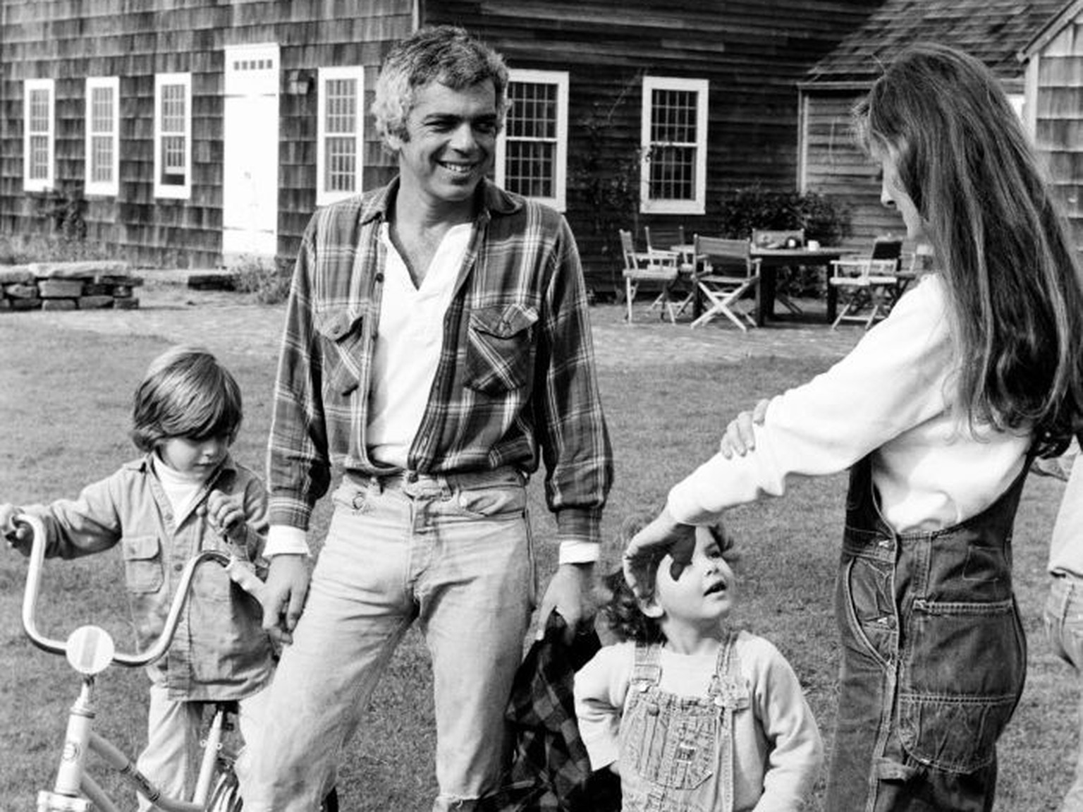 American fashion designer Ralph Lauren (second left) and his wife, therapist Ricky Lauren, outside their home, with two of their three children (David, Andrew, &amp; Dylan), East Hampton, New York, No ...