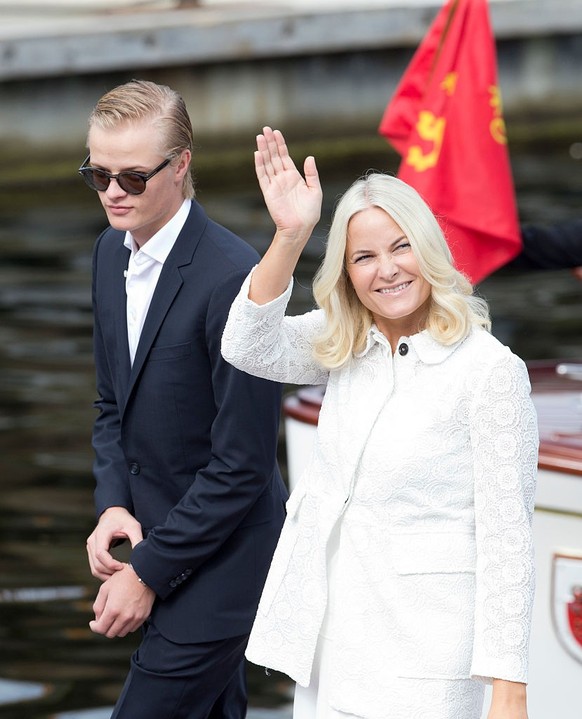 TRONDHEIM, NORWAY - JUNE 23: Crown Princess Mette-Marit of Norway, and her son, Marius Borg Hoiby on a visit to Trondheim, during the King and Queen of Norway&#039;s Silver Jubilee Tour, on June 23, 2 ...