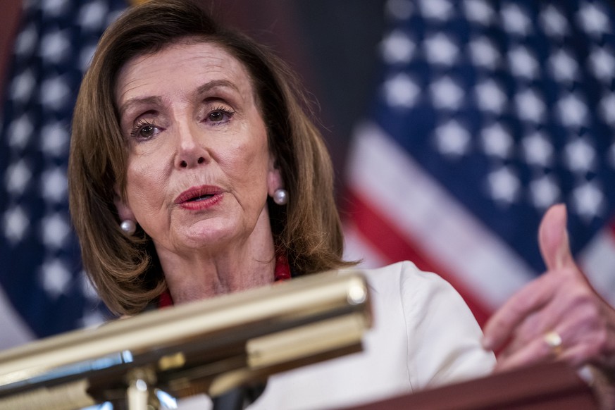 epa09697704 Speaker of the House Nancy Pelosi delivers remarks during a press conference in US Capitol in Washington, DC, USA, 20 January 2022. Speaker Pelosi fielded questions on 2021 job creation, t ...