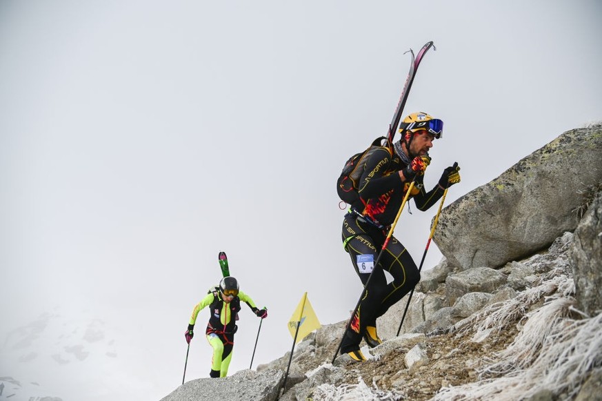 PONTE DI LEGNO - TONALE, ITALY - APRIL 10: the winning couple Jakob Herrmann from Austria William Mardion Bon from France during Adamello Ski Raid on April 10, 2021 in Ponte di Legno - Tonale, Lombard ...