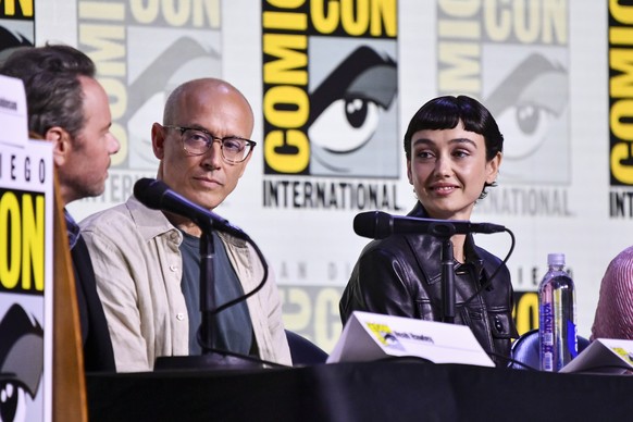 Noah Hawley, from left, David W. Zucker, and Sydney Chandler attend a panel for &quot;Alien: Earth&quot; during Comic-Con International on Friday, July 25, 2025, in San Diego. (Photo by Richard Shotwe ...