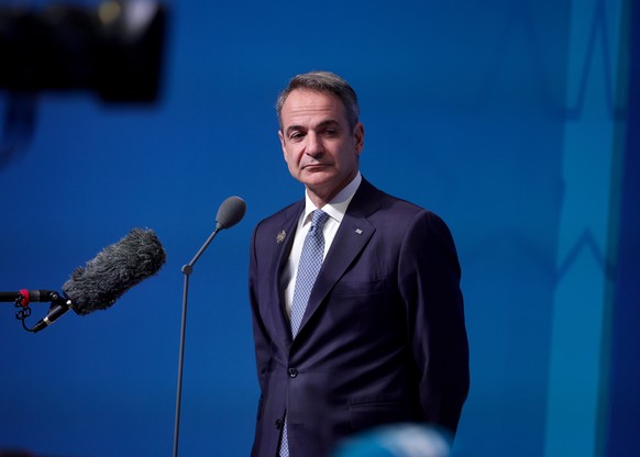 epa13097136 Greece Prime Minister Kyriakos Mitsotakis speaks to the media upon his arrival at the 2026 NATO Summit in Ankara, Turkey, 08 July 2026. The NATO Summit takes place from 07-08 July. EPA/NEC ...