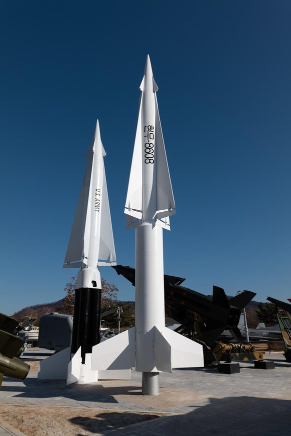 epa09690381 A general view of a South Korean Hyeonmu ballistic missile ( R) on display at the Korean War Memorial Museum in Seoul, South Korea, 17 January 2022. According to South Korea&#039;s Joint C ...