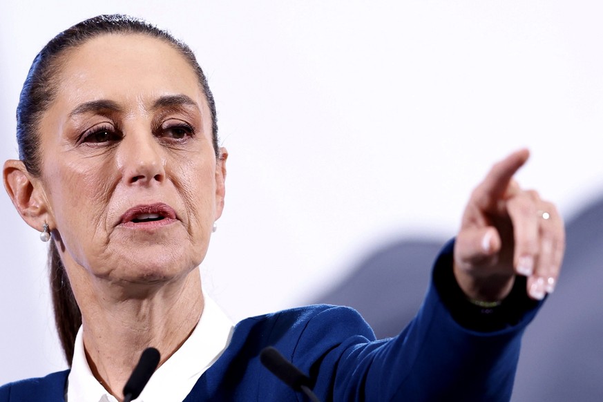 epa11928502 Mexican President Claudia Sheinbaum speaks during a press conference at the National Palace in Mexico City, Mexico, 27 February 2025. Sheinbaum assured that the trafficking of fentanyl doe ...