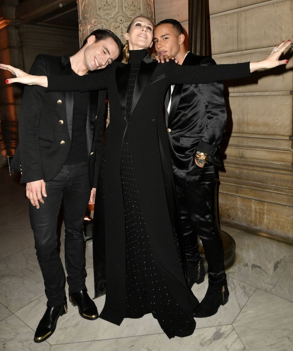 Sebastien Bertaud, Celine Dion and Olivier Rousteing (Photo by Dominique Maître/Penske Media via Getty Images)