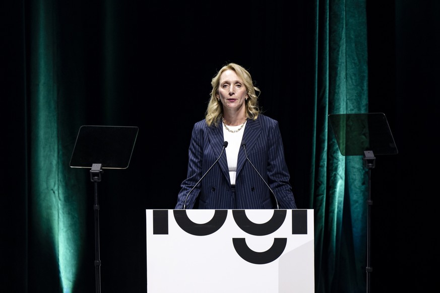 epa11584343 Hanneke Faber, Chief Executive Officer of Logitech, speaks during the Annual General Meeting of Logitech at the SwissTech Convention Center, in Ecublens near Lausanne, Switzerland, 04 Sept ...