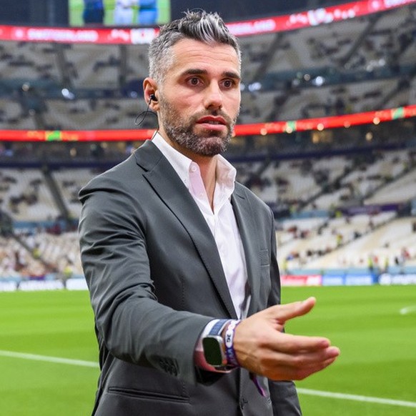 Former Switzerland&amp;#039;s soccer player Valon Behrami, reacts before the FIFA World Cup Qatar 2022 round of 16 soccer match between Portugal and Switzerland at the Lusail Stadium in Lusail, north  ...