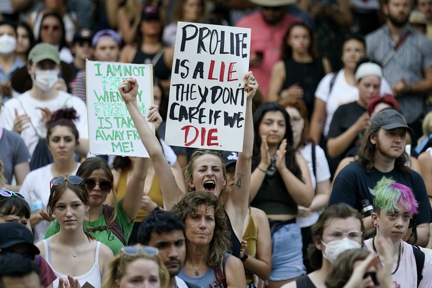 FILE - Demonstrators gather at the federal courthouse in Austin, Texas, following the U.S. Supreme Court&#039;s decision to overturn Roe v. Wade, June 24, 2022. On Monday, March 6, 2023, five women su ...