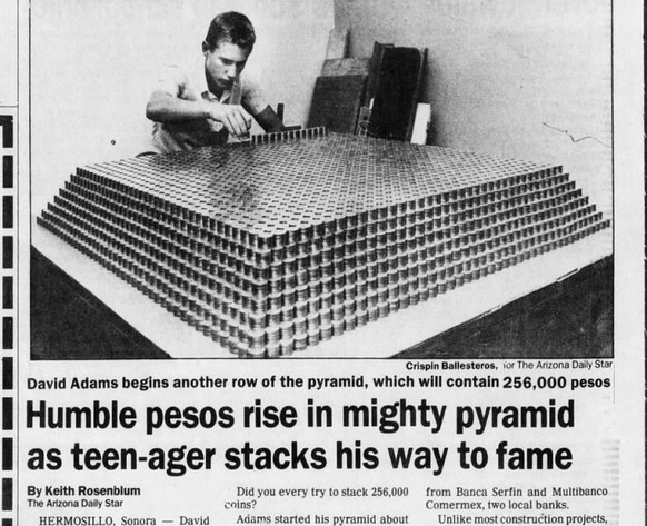 Guinness World Record for largest penny pyramid – discontinued. 
https://www.newspapers.com/article/arizona-daily-star-humble-pesos-rise-in/157141057/