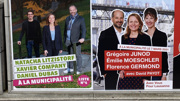 Affiches électorales à Lausanne. Ici, Les Verts et le PS.