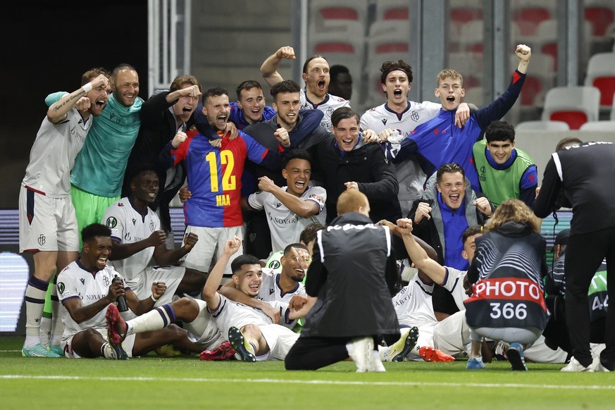 Basel&#039;s players celebrate after the UEFA Conference League quarter final soccer match between OGC Nice of France and Switzerland&#039;s FC Basel 1893, Thursday, April 20, 2023 at the Allianz Rivi ...