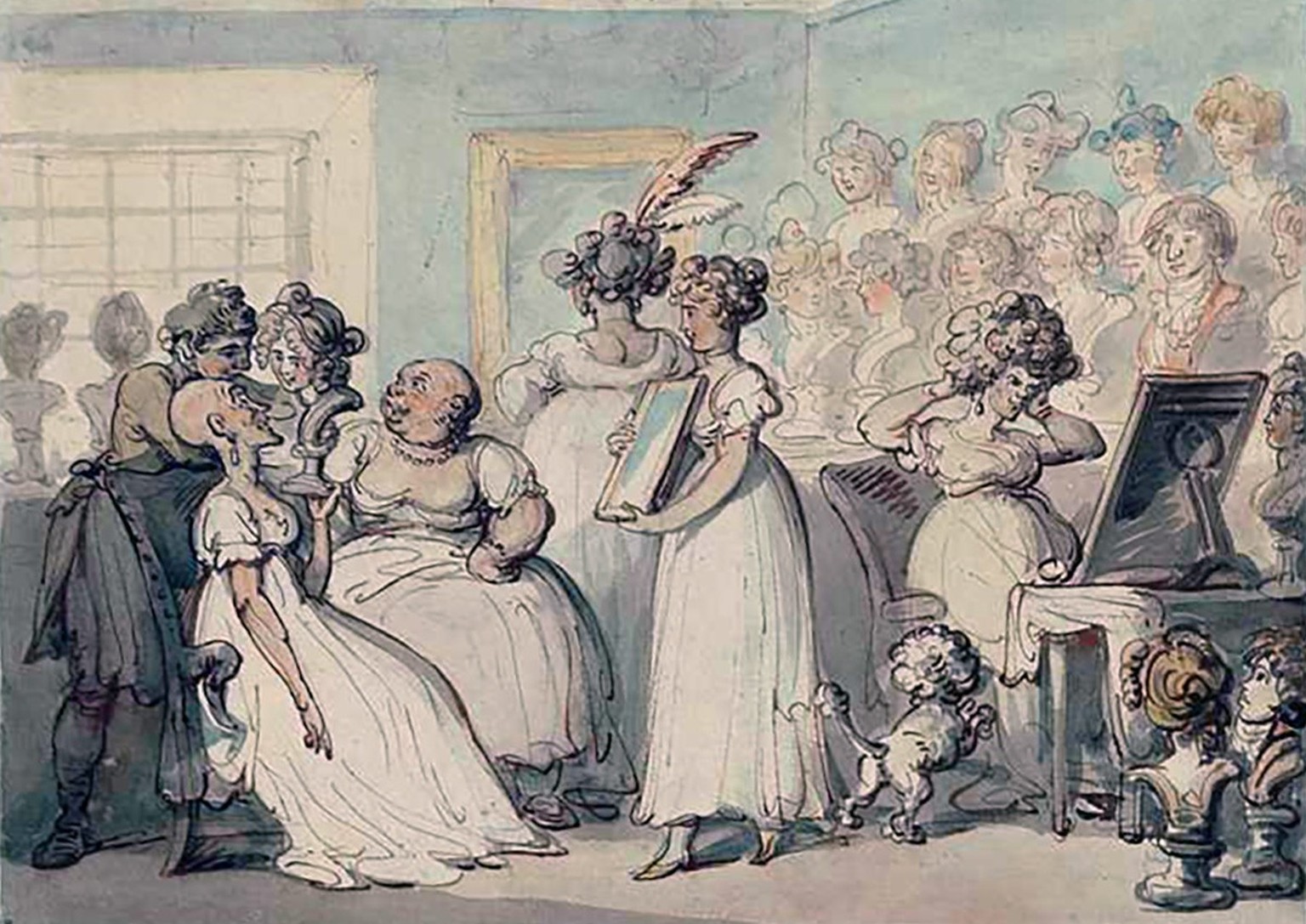 Caricature «The Wig Shop»: les cheveux naturels, en supposant qu’il en reste, étaient souvent rasés, tant chez les femmes que les hommes. Aquarelle de Thomas Rowlandson, date inconnue.
https://picryl. ...