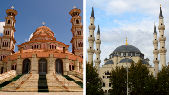 A gauche, la Cathédrale de la résurrection du Christ de Korçë, à droite, la Grande Mosquée de Tirana.