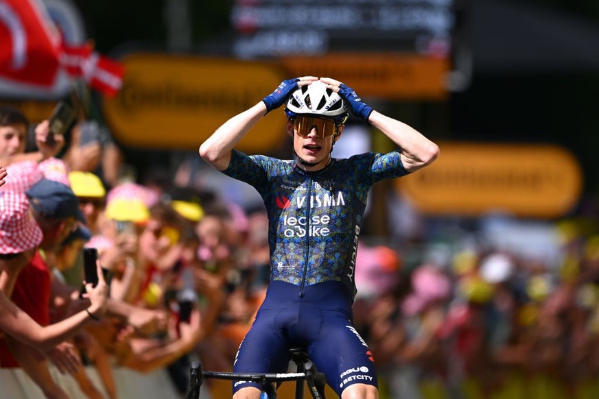 LE-LIORAN, FRANCE - JULY 10: Jonas Vingegaard Hansen of Denmark and Team Visma | Lease a Bike celebrates at finish line as stage winner during the 111th Tour de France 2024, Stage 11 a 211km stage fro ...