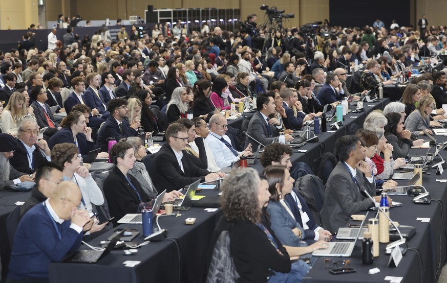 Participants attend at the opening ceremony of the fifth session of the Intergovernmental Negotiating Committee on Plastic Pollution in Busan, South Korea, Monday, Nov. 25, 2024. (Kang Sun-bae/Yonhap  ...