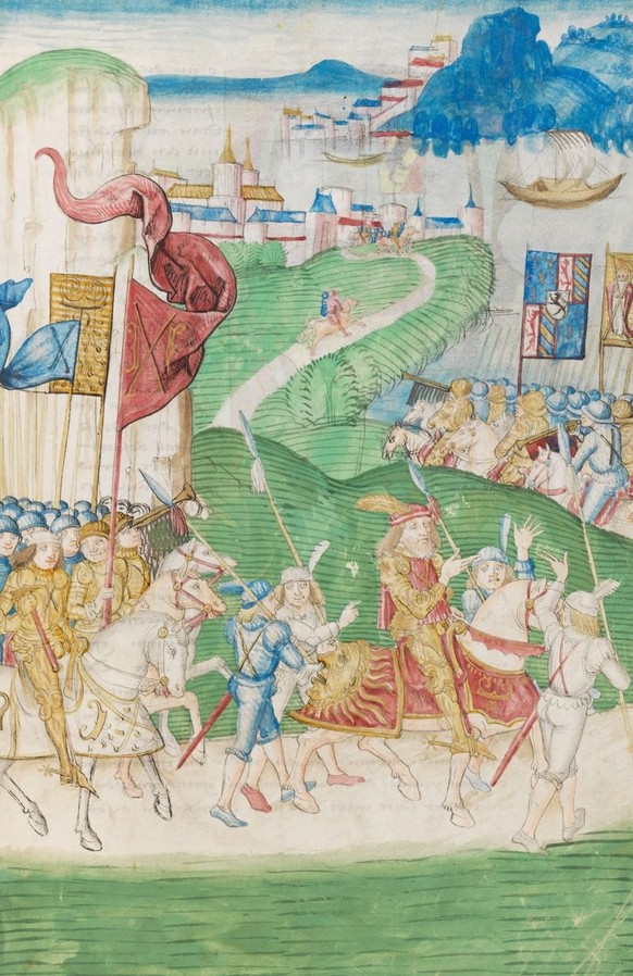 Charles le Téméraire en armure d’apparat entre en Savoie au printemps 1476 à la tête de l’armée bourguignonne. Le lac Léman se trouve à l’arrière-plan. Illustration de la chronique officielle de Berne ...