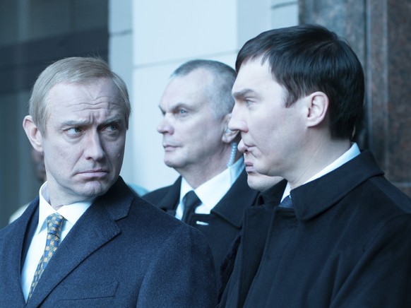 This image shows Jude Law, as Vladimir Putin, left, and Paul Dano, as Vadim Baranov, in a scene from "The Wizard of the Kremlin." (Carole Bethel/Cinetic Media via AP)
Venice Film Festival-Ju ...