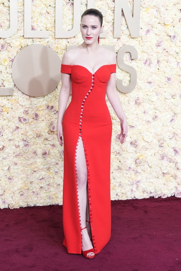 epa11063342 US actor Rachel Brosnahan arrives for the 81st annual Golden Globe Awards ceremony at the Beverly Hilton Hotel in Beverly Hills, California, USA, 07 January 2024. Artists in various film a ...