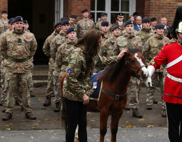 DEREHAM, ENGLAND - NOVEMBER 8: Catherine, Princess of Wales touches a pony as she visits The Queen's Dragoon Guards Regiment for the first time as their Colonel in Chief on November 8, 2023 in De ...