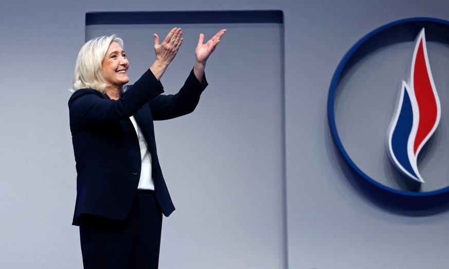 PARIS, FRANCE - NOVEMBER 05: French far-right party Rassemblement National (RN) parliamentary group leader Marine Le Pen waves to audience during the Rassemblement National&#039;s 18th congress on Nov ...