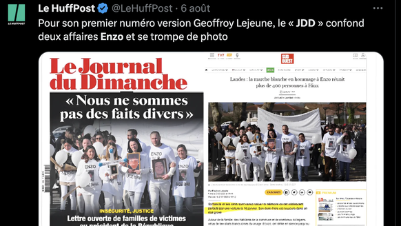 Le JDD, s'est trompé d'«affaire Enzo» en une du journal, dimanche. L'un a été renversé par une voiture dans les Landes, l'autre, abattu pour un mauvais regard près de Louviers.