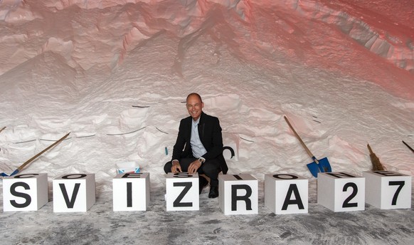Bertrand Piccard, Psychiater, Entdecker und Praesident der Stiftung Solar Impulse, posiert als Jury-Mitglied an einer Medienkonferenz zur Landesausstellung Svizra27 im Saldome 2 der Saline Riburg in M ...