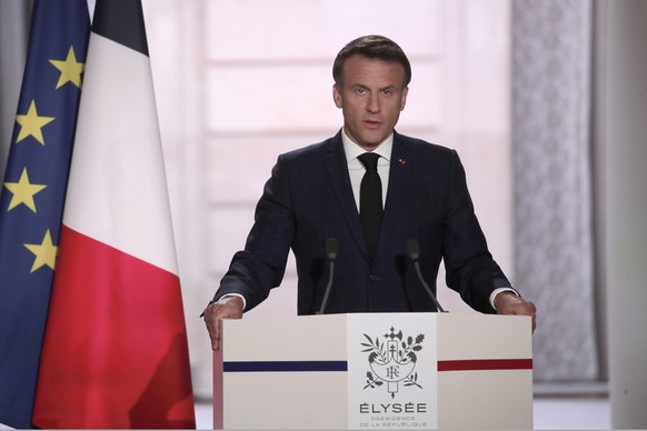 French President Emmanuel Macron delivers a speech during the ceremony of his inauguration for a second term at the Elysee palace, in Paris, France, Saturday, May 7, 2022. Macron was reelected for fiv ...