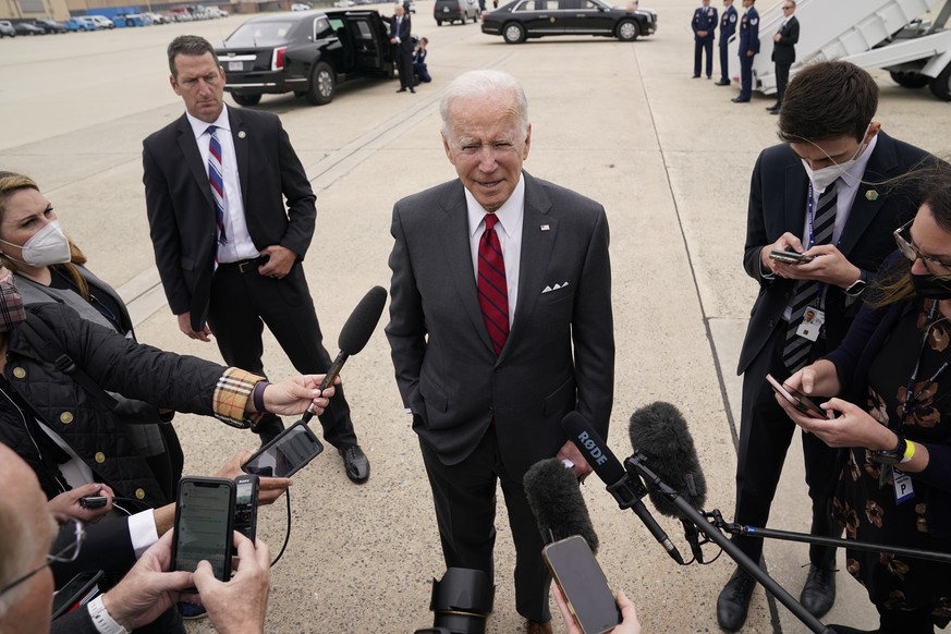 President Joe Biden speaks to the media before boarding Air Force One for a trip to Alabama to visit a Lockheed Martin plant, Tuesday, May 3, 2022, in Andrews Air Force Base, Md. (AP Photo/Evan Vucci) ...