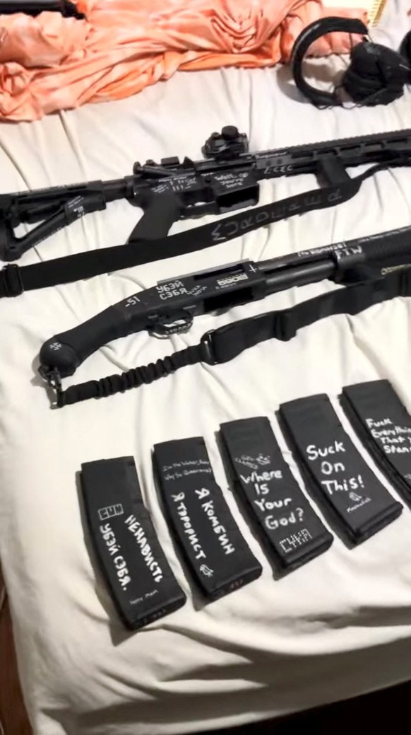 Weapons and rifle magazines, adorned with messages and names, appear in a still image from an undated video that was previously posted to social media and filmed by Robin Westman, identified by a law  ...