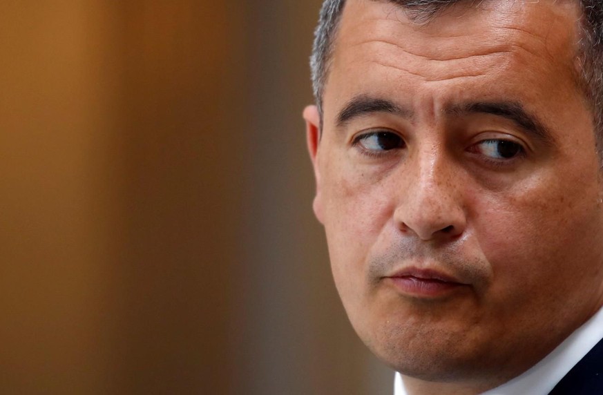 epa09165082 French Interior Minister Gerald Darmanin speaks during a news conference following the weekly cabinet meeting discussions over a bill for the prevention of acts of terrorism at the Elysee  ...