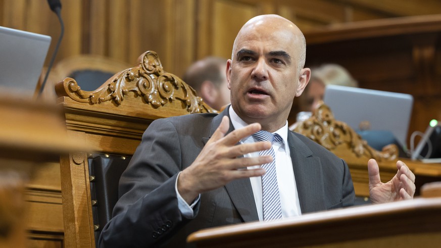 Bundespraesident Alain Berset spricht waehrend der Debatte im Staenderat, waehrend der Fruehlingssession der Eidgenoessischen Raete, am Donnerstag, 2. Maerz 2023, in Bern. (KEYSTONE/Peter Klaunzer)