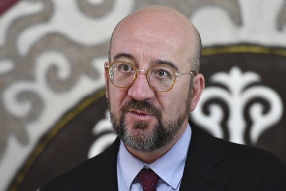 President of the European Council Charles Michel speaks to the media on the sideline meeting of the Heads of State of Central Asia and the European Council in Cholpon-Ata, near the Issyk-Kul lake, Kyr ...