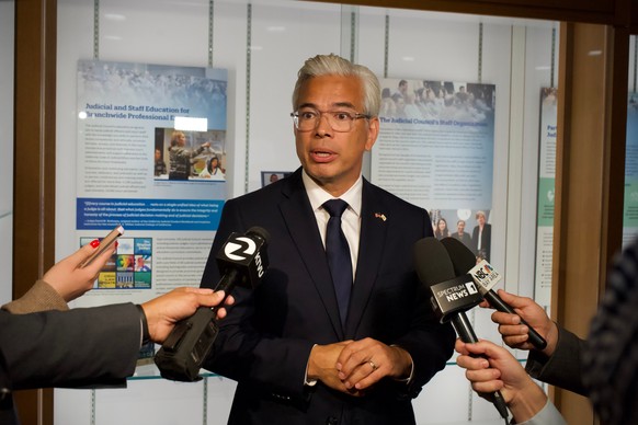 California Attorney General Rob Bonta speaks after a hearing about Riverside County Sheriff Chad Bianco's seizure and recount of more than half a million 2025 election ballots on Monday, Aug. 24, ...