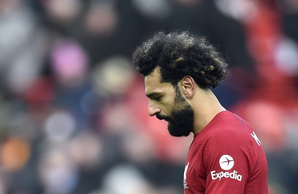 epa10420579 Mohamed Salah of Liverpool reacts after the English Premier League soccer match between Liverpool FC and Chelsea FC in Liverpool, Britain, 21 January 2023. EPA/Peter Powell EDITORIAL USE O ...