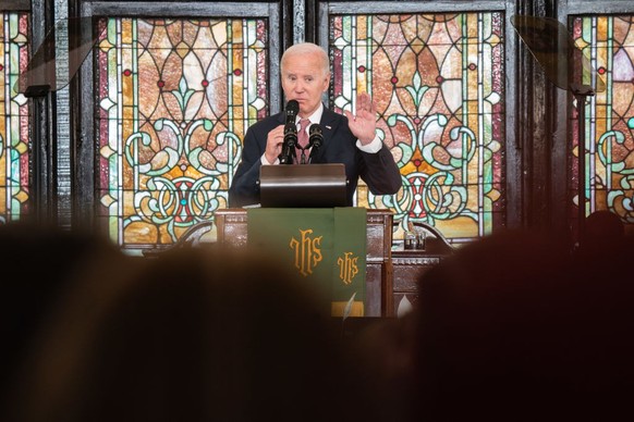 CHARLESTON, SOUTH CAROLINA - JANUARY 08: President Joe Biden speaks during a campaign event at Emanuel AME Church on January 8, 2024 in Charleston, South Carolina. The church was the site of a 2015 sh ...