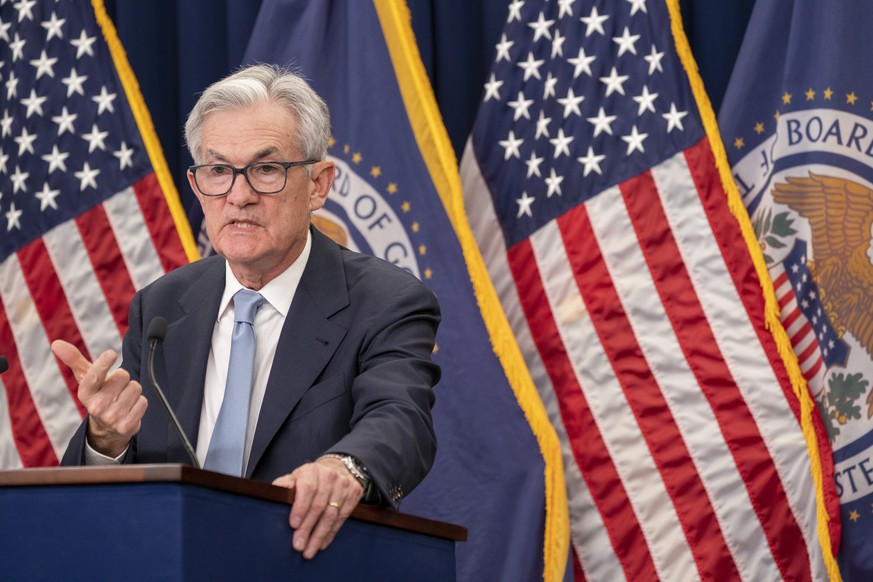 epa10537429 US Federal Reserve Board Chairman Jerome Powell responds to a question from the news media during a press conference following a Federal Open Market Committee meeting at the William McChes ...