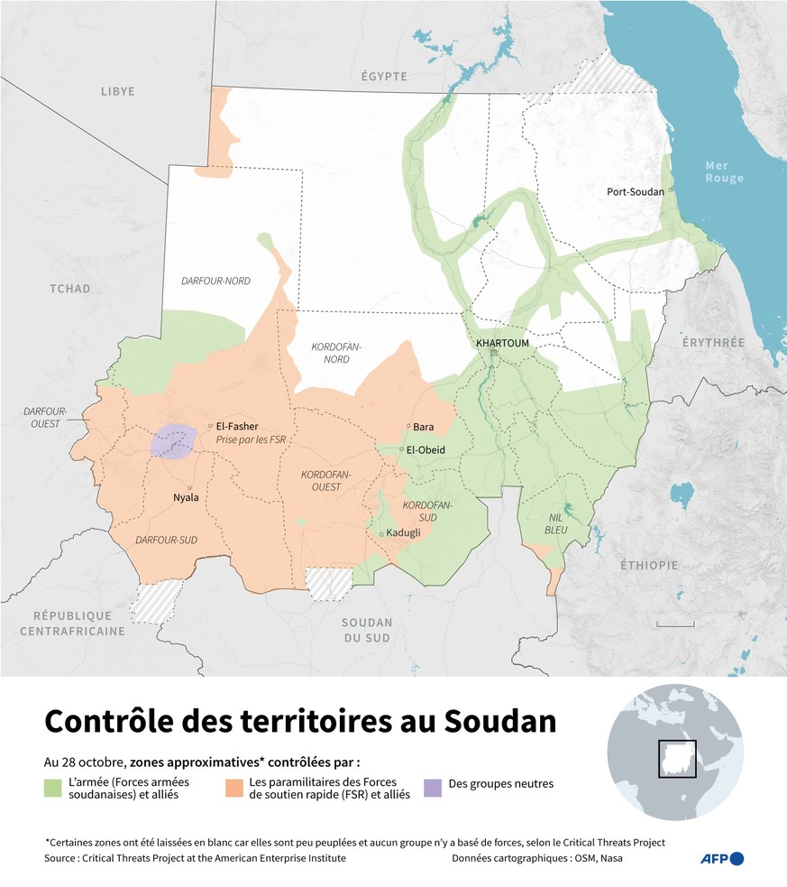 Carte du Soudan montrant les zones contrôlées par l&#039;armée, les paramilitaires des Forces de soutien rapide (FSR) ou par des groupes neutres au 28 octobre, selon les données du Critical Threats Pr ...