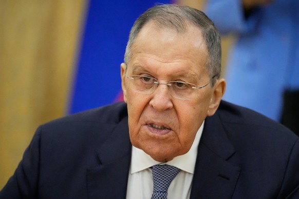 epa12699833 Russian Foreign Minister Sergei Lavrov speaks with the newly appointed Secretary General of the Collective Security Treaty Organization (CSTO), Taalatbek Masadykov, at the Russian Foreign  ...