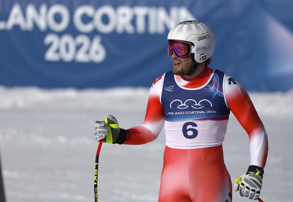 epa12726400 Alexis Monney of Switzerland reacts in finish area during the Men's Super G of the Alpine Skiing competitions at the Milano Cortina 2026 Winter Olympic Games, Stelvio ski centre in Bo ...
