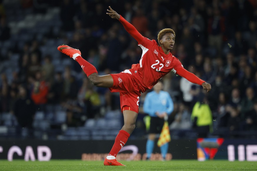 Switzerland's Alvyn Sanches in action during the UEFA Nations League soccer match between Scotland and Switzerland at the Hampden Park in Glasgow, Scotland, Tuesday, September 29, 2026. (KEYSTONE ...