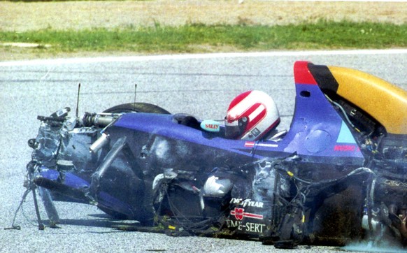 Austrian driver Roland Ratzenberger sits unconcious in his Simtek Ford after he crashed during the qualifying session for the Marino F 1 Grand prix in Imola Saturday April 30, 1994. Ratzenberger died  ...