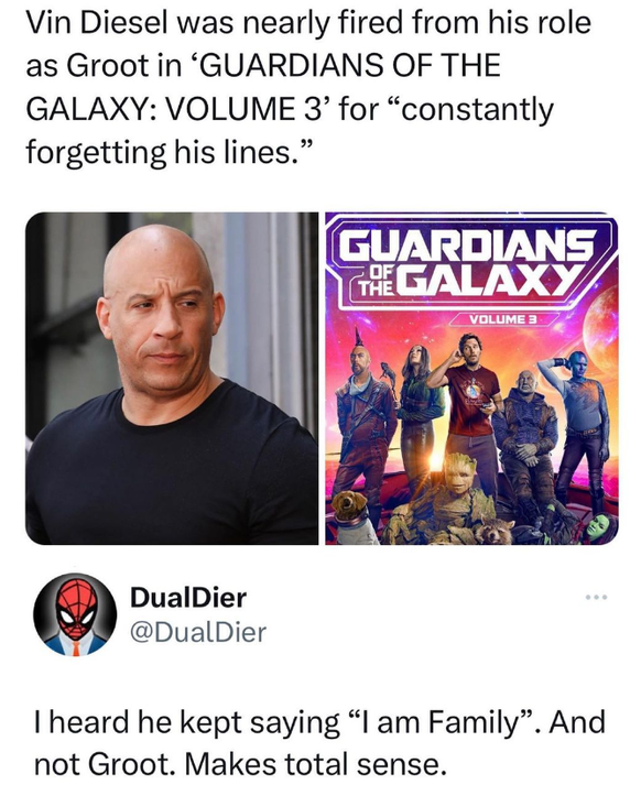 Film Memes Guardians of the Galaxy Vin Diesel Groot 

https://www.instagram.com/p/Cr-lrHwNie0/