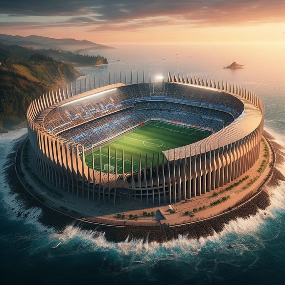 Le stade basque battu par les eaux du golfe de Biscaye. Intéressant, mais il faudra quand même penser à prévoir une passerelle pour permettre aux spectateurs d'accéder aux tribunes depuis la terre fer ...