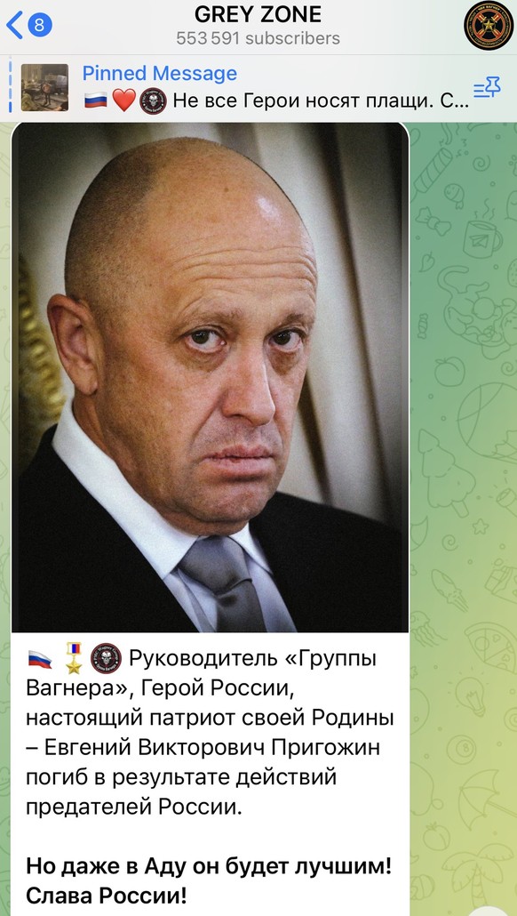 «Le chef de Wagner, Evgueni Prigojine héros de la Russie et un patriote véritable, est mort à cause des actions des traîtres à la Russie. Mais même en enfer, il restera le meilleur. Gloire à la Russie ...