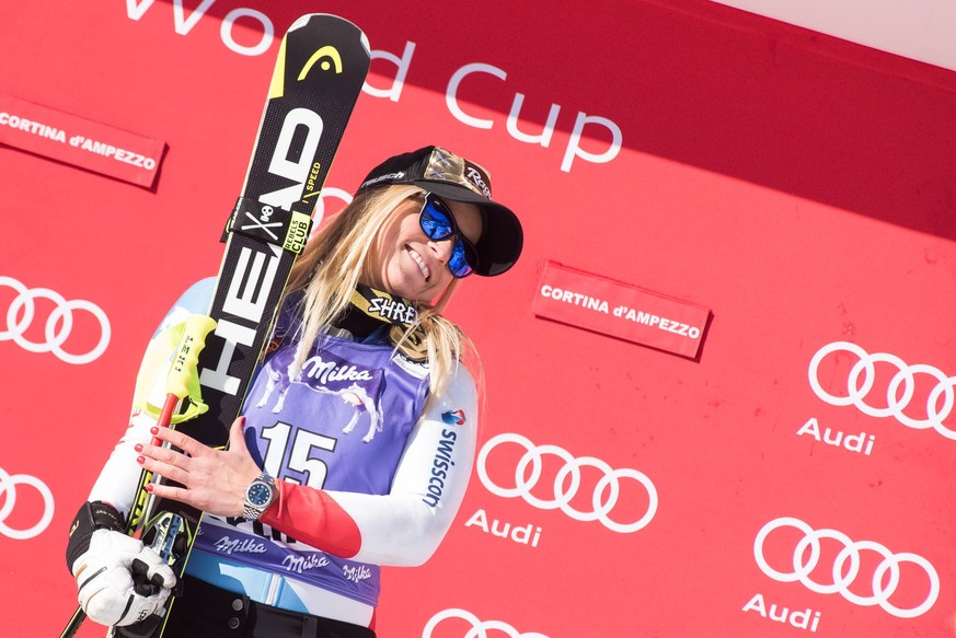 Lara Gut wins Downhill race in Cortina d Ampezzo Lara Gut of Switzerland on podium celebrating her first place at the Downhill race in Cortina d�Ampezzo, Italy on January 28, 2017. PUBLICATIONxINxGERx ...