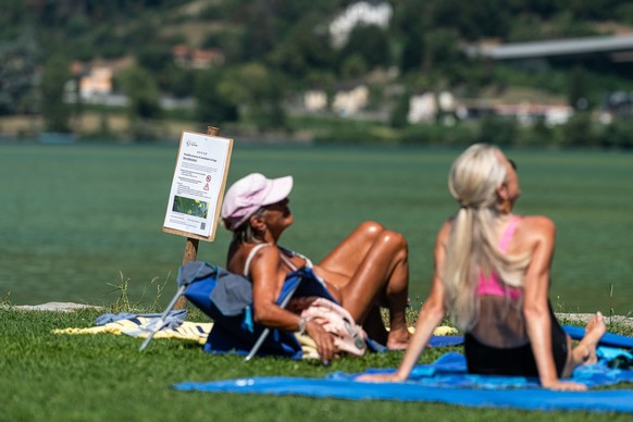 Warning and information signs call on the public to exercise the utmost caution when bathing in the waters of Lake Lugano near Riva San vitale, Switzerland, due to a strong Cyanobacteria (Blue-Green A ...